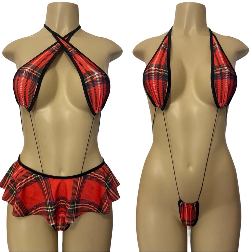 Plaid Red slingshot and skirt * exotic dance wear *  stripper thong set - OSFM